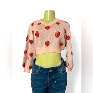 Strawberry Patterned Pink Cropped Sweater